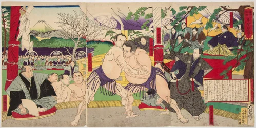 Combattimento dei lottatori di sumo Koyonagi Tsunekichi e Arauma Daigoro