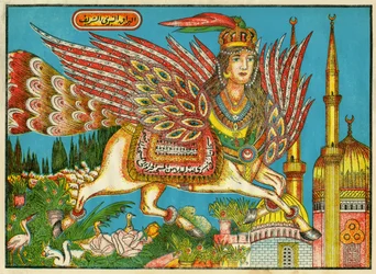 Al-Bourak (Al Bourak) (Buraq, Bouraq, Burak), cavallo alato con testa di donna e coda di pavone, sul quale Maometto, guidato dall