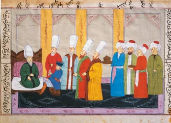 Miniatura ottomana che raffigura un ambasciatore europeo alla Corte del Palazzo Topkapi, manoscritto, Turchia