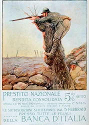 Prima guerra mondiale: manifesto italiano che incoraggia il prestito nazionale. Illustrazione di Ugo Finozzi (XX secolo). 1914-1918. Attenzione! L