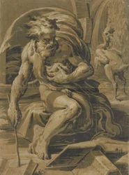 Diogene, seduto davanti al suo barile, legge un libro, un pollo spennato in piedi dietro, ca. 1527-30