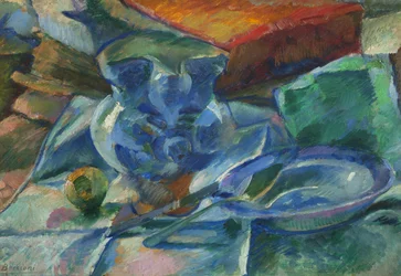 Natura morta di terraglie, posate e frutti, 1915