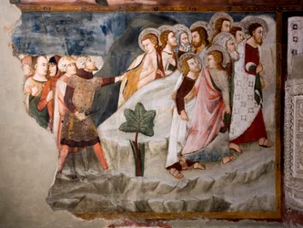 La fuga dagli apostoli (dettaglio). Affresco della scuola umbra del XV secolo. Chiesa Superiore. Monastero di San Benedetto (Sacro Speco), Subiaco (Roma), Italia