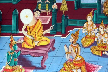 Vientiane, Laos: tempio buddista Wat Inpeng, dipinto che raffigura la vita di Shakyamuni Buddha