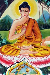 20151029, Vientiane, Laos: tempio buddhista Wat Inpeng. Dipinto raffigurante la storia della vita del Buddha Shakyamuni. Il Buddha docente raffigura un momento particolare della vita del Buddha, ossia il primo sermone tenuto dal Buddha dopo aver raggiunto
