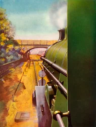 Una strada libera dalla cabina di una locomotiva Southern Railway Atlantic, 1935