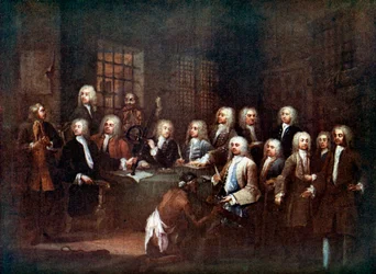 Una commissione della Camera dei Comuni alla prigione di Fleet Street, Londra, 1729 c1905