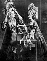 Un negozio di modiste, la signora Monopolize, la moglie del macellaio, che acquista un copricapo moderno, 1772