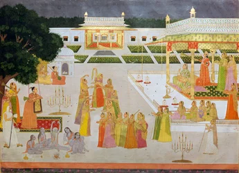 Dipinto Mughal di una principessa e le sue dame che celebrano il Diwali