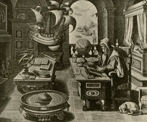Un esperto di navigazione al lavoro nel suo studio con globo e bussola, c1591, 1928