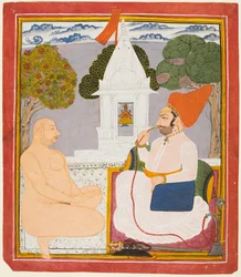 Un nobile Rathor in visita a un santo Digambara in un santuario di Vishnu, probabilmente Baba Atmaram, c. 1760