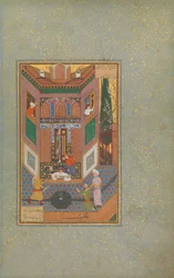 Un furfante risparmia la vita di un povero uomo, foglio 4v da un Mantiq al-tair Linguaggio degli uccelli, XVI secolo