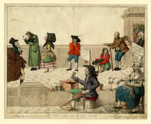 Un angolo di Pont Neuf, Parigi, con mendicanti zoppi e venditori ambulanti, ca 1813