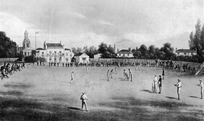 Una partita di cricket in corso al Kennington Oval, Londra, 1848