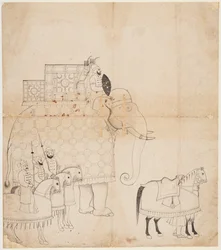 Un disegno di elefante bardato e cavalli, c. 1760