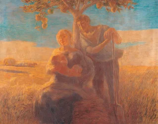 Una famiglia si riposa sotto un melo durante la raccolta del grano