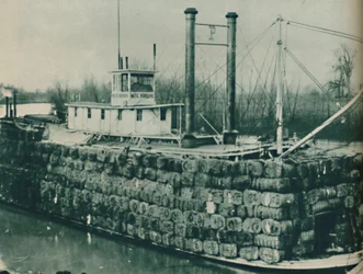 Un carico completo di cotone spesso si monta alto sopra i ponti dei battelli a vapore del Mississippi