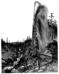 Un pozzo petrolifero nei campi petroliferi della Pennsylvania, USA, 1886