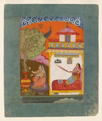 Una signora che coglie foglie, illustrando il modo musicale Gunakali Ragini, c1675