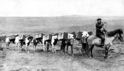 Una carovana postale che attraversa le pianure islandesi, Islanda, 1922