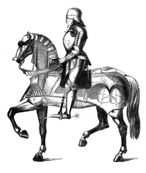 Un cavaliere medievale armato e montato per la guerra