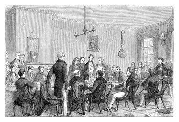 Un incontro della Lega Anti-Corn Law nel Newalls Building, Manchester, 1838 c1895