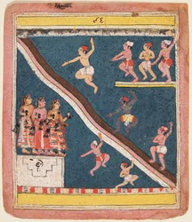 Una pagina dal Rasikapriya di Kesava Das: Krishna e i Gopa si tuffano in uno stagno, c. 1640