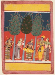 Una pagina da una serie di Rasikapriya: Krishna e Radha e le Sakhis con strumenti musicali, c. 1650