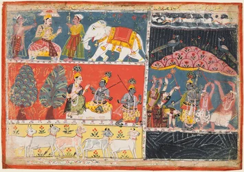 Una pagina dal Bhagavata Purana: Indra manda un torrente di pioggia, Krishna solleva il Monte Govardhana, 1686