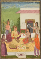 Un principe conversa con una donna mentre prende rinfreschi su una terrazza recto..., c. 1710-1720