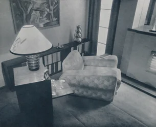 Una piccola stanza progettata e arredata da Michael Dawn, Bedford, Inghilterra, 1935