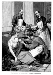 Un paziente tubercolotico che riceve una trasfusione di sangue di capra, 1891