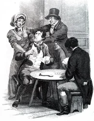 Una moglie che cerca di rimuovere il marito dal tavolo da gioco