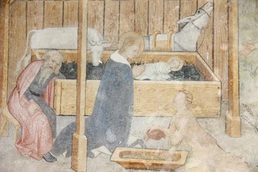 Abbazia di Abondance affresco: scena della natività, Abondance, Francia
