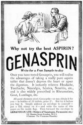 Pubblicità per Genasprin, un marchio proprietario del farmaco Aspirina, 1919