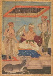 Akbar e Jahangir esaminano un falco Ghir mentre il principe Khusrau sta dietro, c. 1602-1604