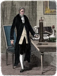 Alessandro Volta, fisico italiano, che dimostra la sua pila elettrica, c. 1800 c. 1870