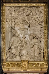 Altare di San Giuseppe o Altare della Sacra Famiglia, Alto Rilievo, Giacomo Bertesi 1668, Cattedrale di Santa Maria Assunta, Cattedrale, Cremona, Lombardia, Italia (foto)