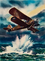 Impressione di un artista di un Fairey Swordfish che affonda un U-Boot nel Mare del Nord, 1940