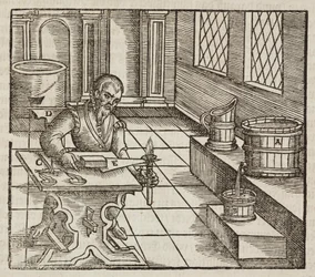 Analisi del salnitro, utilizzato nella polvere da sparo e per la conservazione delle carni - Incisione tratta da Descrizione dei minerali e dei principali metodi di sfruttamento minerario, di Lazarus Ecker