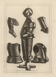 Antica armatura brillante per John de Courcy, Conte di Ulster 1, e pouldron, garde-brass, avant-brass o vambrace del Duca di Monmouth 2