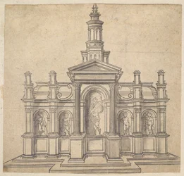 Tabernacolo a forma architettonica con un santo e quattro putti