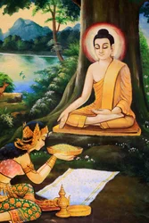 Al Buddha ascetico fu offerta da Nandabala una ciotola di riso al latte la mattina della sua Illuminazione. Dipinto raffigurante la storia della vita del Buddha Shakyamuni. Wat Ong Teu Mahawihan. Tempio del Buddha pesante. Vientiane. Laos, 20151028