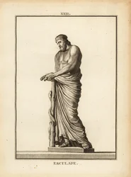 Asclepio, dio greco della medicina con bastone avvolto da serpente