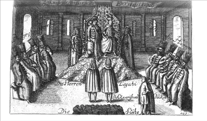 Udienza con Ivan V, Pietro I e Sofia Alekseyevna da Georg Adam Schleissing Derer beyden Czaaren in Reussland..., 1693
