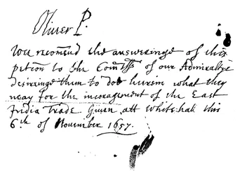 Nota autografa di Oliver Cromwell a una petizione della Compagnia delle Indie Orientali, novembre 1657, 1893