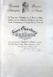 Diploma di Babbage dalla Konigliche Akademie der Wissenschaften Munchen