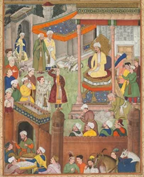 Babur riceve il bottino e il saluto di Humayun dopo la vittoria su Sultan Ibrahim..., c. 1596-1597