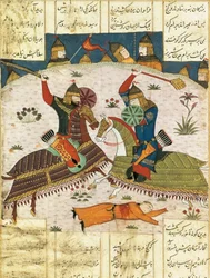 Attacco notturno di Bahram Shubina al campo di Khusrau Parviz, c. 1420. Miniatura dipinta