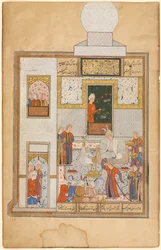 Bahram Visita il Padiglione dalla Cupola Bianca recto, parte del Khamsa di Nizami, Haft Paykar..., c. 1560-15